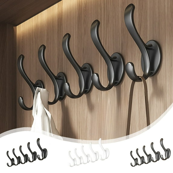 5PCS Wall Mounted Double Hooks, No Drilling Self-adhesive Vintage Clothes Hangers, Easy to Install, Plastic Black Hooks for Hanging Coats, Hat, Towels, Key, Robe, Scarf, Bag