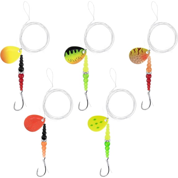 5PCS Walleye Rigs Wedding Ring Fishing Lures, Colorado Blades Stacked Fishing Beads Octopus Hooks Pre-Rigged Bait Rig, Crawler Harness Walleye Kokanee Salmon Spinner Rigs Kit 46IN 30LB Mono