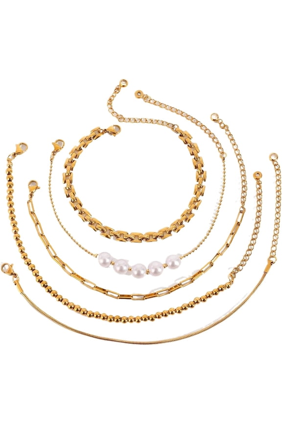 5PCS Waterproof 18K PVD Gold Watch Band Link Chain Bracelets for Women, Pearl Beaded Stack Bracelet Sets Paperclip Link Chain Gold Bracelets, Trendy Jewelry Gifts For Birthdays