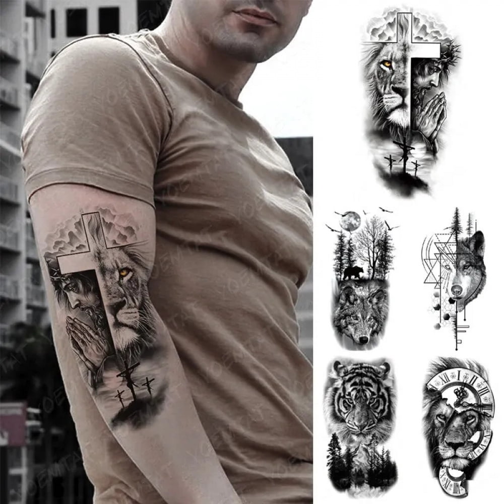 5PCS Waterproof Temporary Stickers Prayer Cross Lion Tiger Wolf Cross Wild Animal Women Men Arm Fake Sleeve Stickers