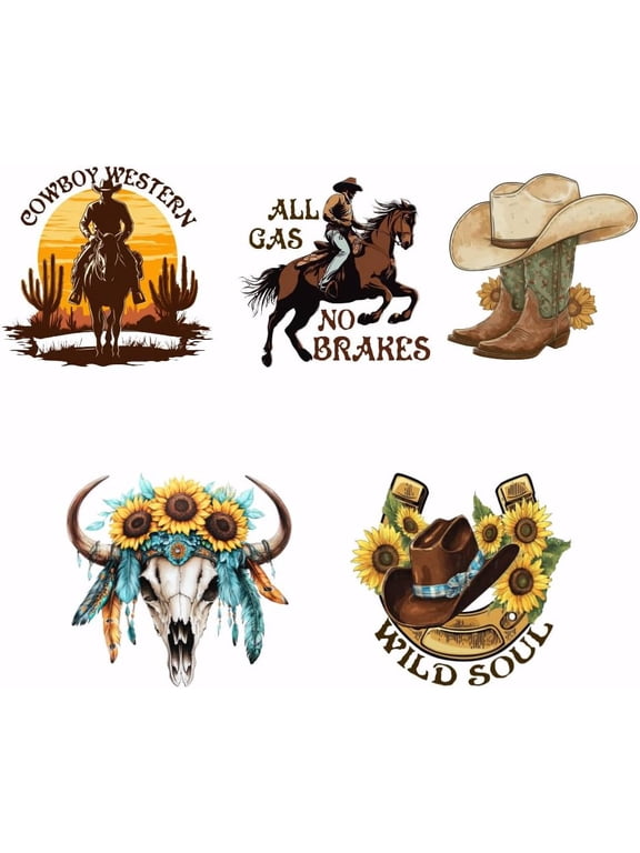 5PCS Western Cowboy Iron On Transfer Patches Western Theme Heat Transfer Stickers DIY Iron On Decals Heat Transfer Paper for Clothing T-Shirt Backpacks Bag Pillow Decor Applique
