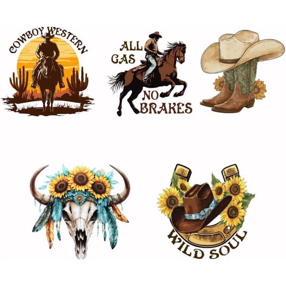 5PCS Western Cowboy Iron On Transfer Patches Western Theme Heat Transfer Stickers DIY Iron On Decals Heat Transfer Paper for Clothing T-Shirt Backpacks Bag Pillow Decor Applique
