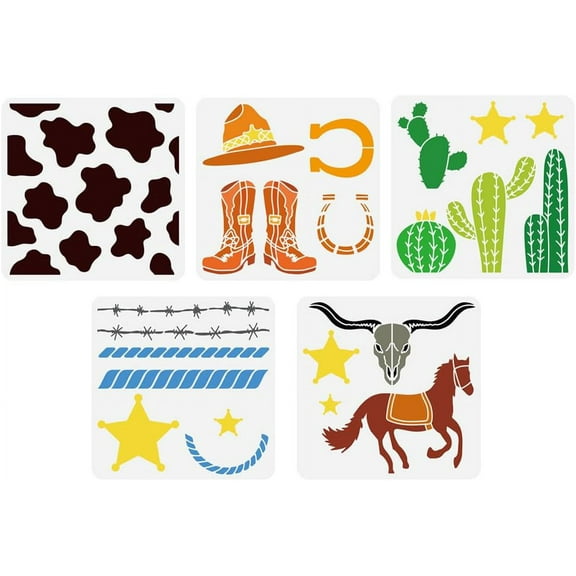 5PCS Western Theme Elements Stencil 11.8x11.8 Inch - Badge Cactus Horse Cow Head Pattern Hat Boots Rope Cowboy - Craft Stencil for Painting on Wall Wood