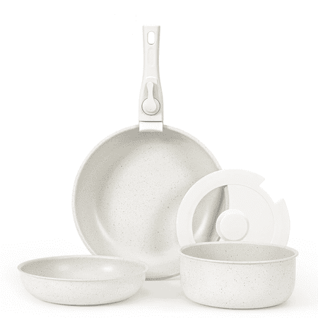 5-Piece White Nonstick Cookware Set for Induction & RV – Ceramic Coating, Detachable Handle, Pots and Pans Set for Healthy Cooking