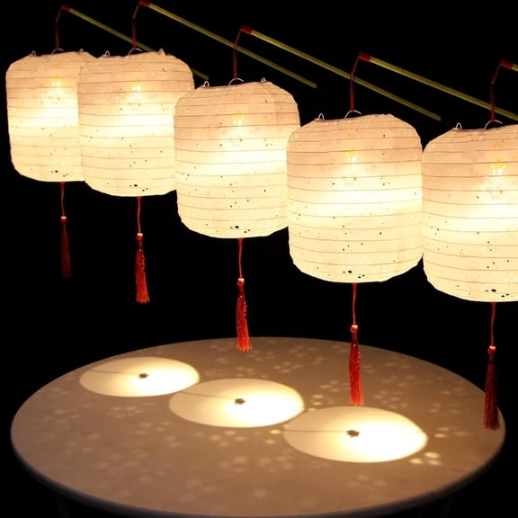 5PCS White Paper Lanterns with LED Lights Valentines Day Chinese New Year'eve Spring Festival Lantern 6inches Hanging Lanterns with Tassels Walking Sticks for Wedding Dinner Birthday Party Decor
