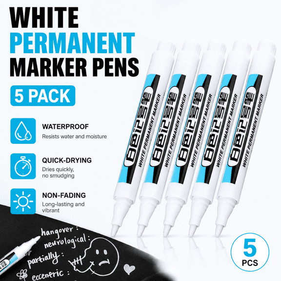 5PCS White Permanent Marker Pen White Fabric Pen Quick Dry,- Waterproof,Round Tip with Quick-Dry Ink for Clothes, Rocks, Metal, Pottery, & DIY Crafts (2.5mm)