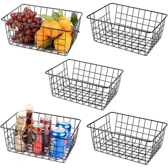 5PCS Wire Storage Baskets, Premium Metal Storage Organizer Basket, Small Size Metal Baskets for Home Office Kitchen, Black