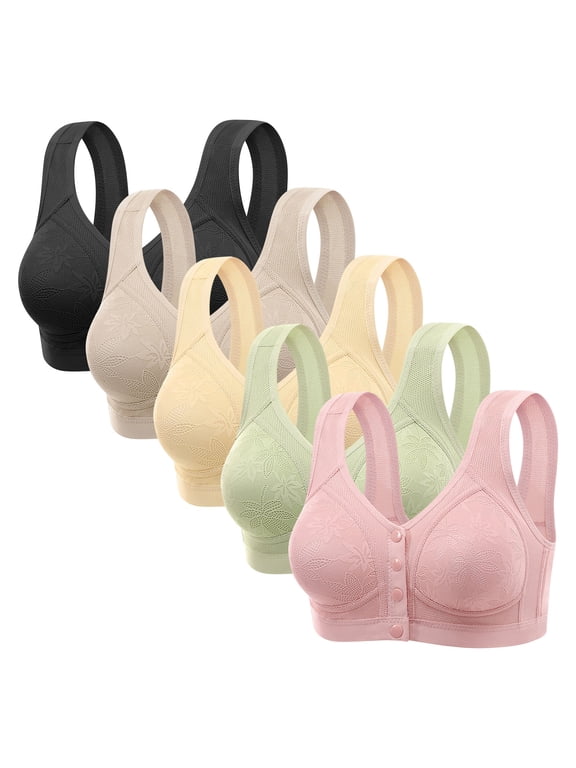 5PCS Wireless Front Closure Bras for Women Plus Size Full Coverage Daily Underwear Seniors Bra Multipack Snap Front (36, 5PCS-D)