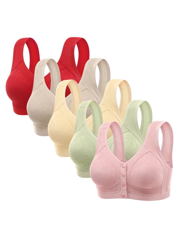 5PCS Wireless Front Closure Bras for Women Plus Size Full Coverage Daily Underwear Seniors Bra Multipack Snap Front (38, 5PCS-E)