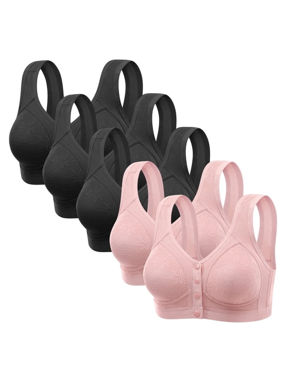 5PCS Wireless Front Closure Bras for Women Plus Size Full Coverage Daily Underwear Seniors Bra Multipack Snap Front (44, 5PCS-A)
