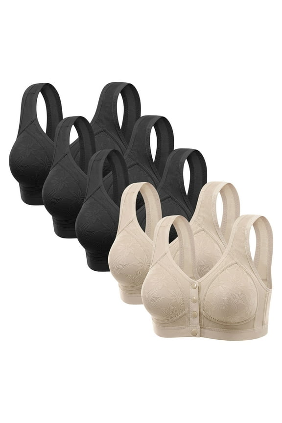 5PCS Wireless Front Closure Bras for Women Plus Size Full Coverage Daily Underwear Seniors Bra Multipack Snap Front (44, 5PCS-B)