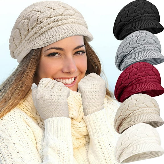 5PCS Womens Winter Beanie Hat Warm Knitted Slouchy Wool Hats Cap with Visor
