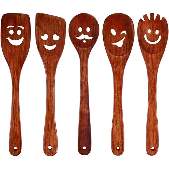 5PCS Wooden Cooking Spoons, Funny Wooden Utensil Set Wood Spatulas with Smile Faces Cute Kitchen Accessories, Best Cooking Gifts for Housewarming Wedding Holidays