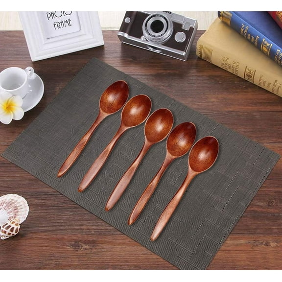 5PCS Wooden Spoons for Cooking, 8 inch Soup Spoons for Mixing Stirring Food Lot Wooden Kitchen Spoon Cooking Utensil Tool Soup Teaspoon Catering Clearance