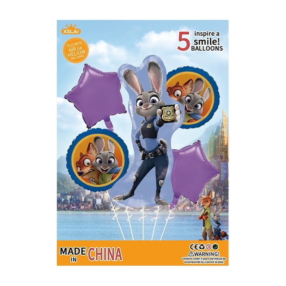 5PCS Zoo Utopia Judy And Nick Anime Balloon Set for Birthday Parties - Cartoon Foil Balloons Kit with String, Perfect for Kids Adults Decoration Theme Celebration