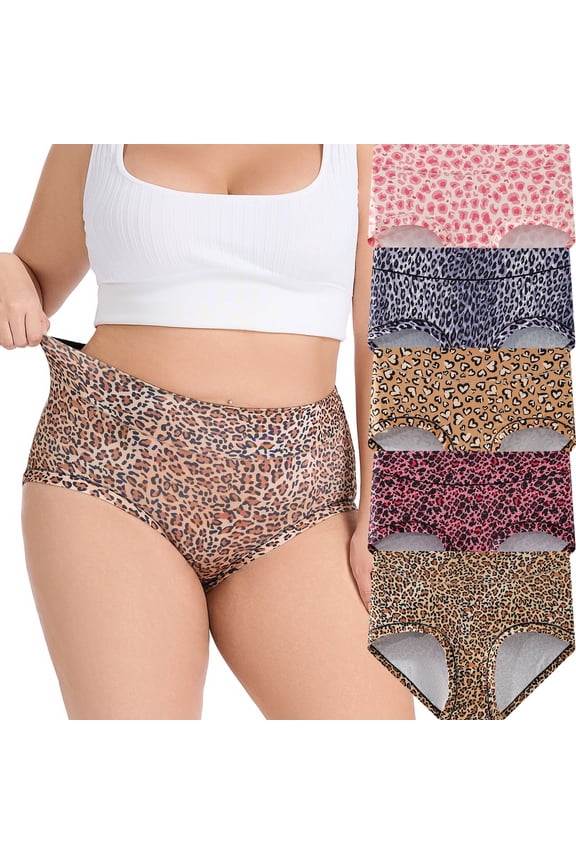 5PCS high-waisted and sized belt-controlled lingerie soft and pants are daily comfortable animal-patterned women's underwear