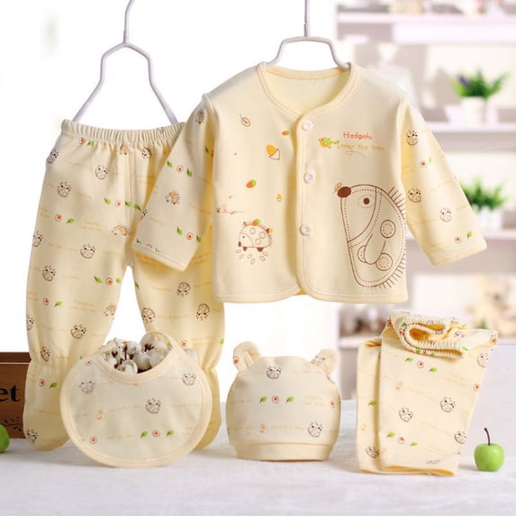 5PCS set of Baby Clothing 0-3 Month Boy/Girl Cotton Cartoon Animal Underwear Clothes Animal Print Shirt and Pants, Yellow