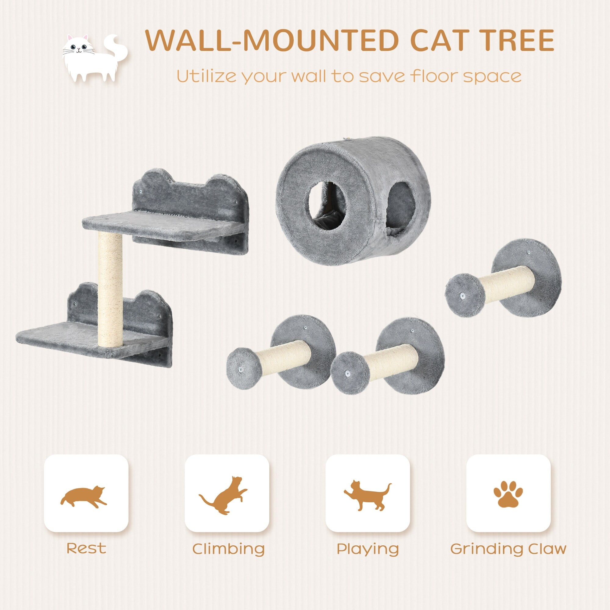 Gray Wall-Mounted Cat Tree with Scratching Posts