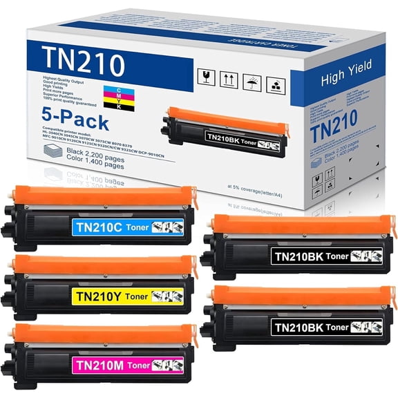 5PK (2BK+1C+1M+1Y) High Yield TN210 TN210BK TN210C TN210M TN210Y Toner Cartridge Compatible for Brother TN-210 HL-3040CN HL-3045CN HL-3070CW MFC-9010CN MFC-9120CN MFC-9125CN MFC-9320CW Printer Toner