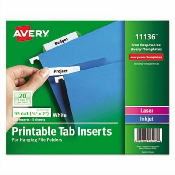 5PK Avery AVE11136 Printable Inserts for Hanging File Folders, 1/5 Tab, Two, White, 100/Pack