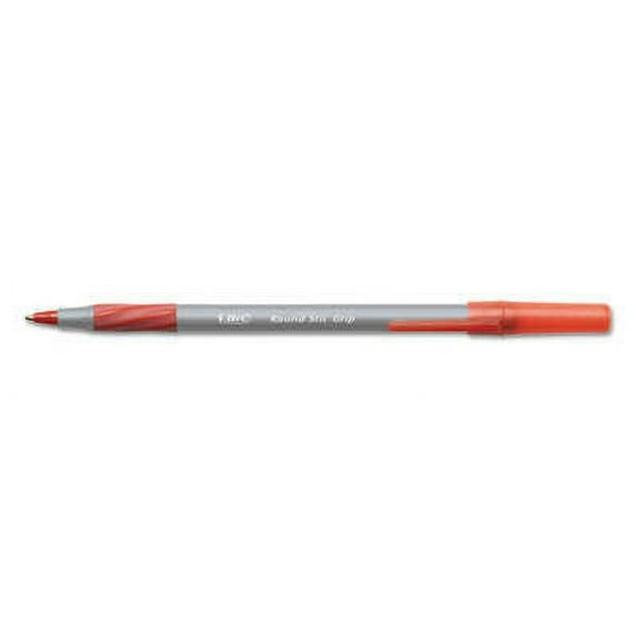5PK BIC Round Stic Grip Xtra Comfort Ballpoint Pen, Easy-Glide, Stick, Medium 1.2 mm, Red Ink, Gray/Red Barrel, Dozen (GSMG11RD)