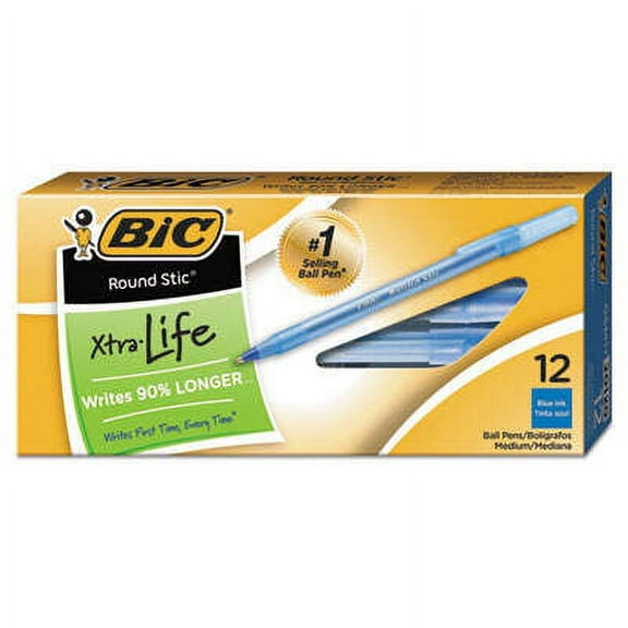 5PK BIC Round Stic Xtra Life Ballpoint Pen, Stick, Medium 1 mm, Blue Ink, Translucent Blue Barrel, Dozen (GSM11BE)