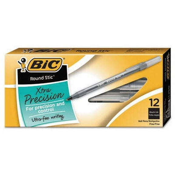 5PK BIC Round Stic Xtra Precision Ballpoint Pen, Stick, Fine 0.8 mm, Black Ink, Smoke Barrel, Dozen (GSF11BK)
