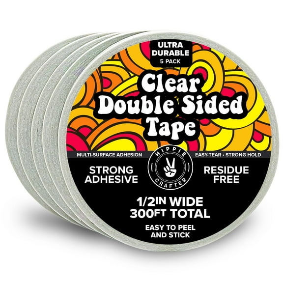 5PK Clear Double Sided Tape for Crafts 1/2" inch Wide Heavy Duty Adhesive Two Side Strong Sticky Thin Mounting Tape for Poster Carpet Wall Safe Doublesided Stick - 5 Rolls 60FT 300FT Total