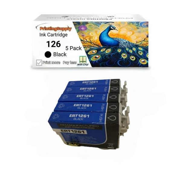 5PK High-Yield Black Ink Cartridge for Epson 126 1261 - Fits Epson WF 3520 3540 7010 7510 60 435 545