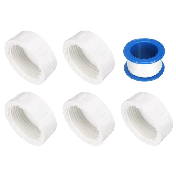 5Pack 1-1/4 Inch PT Female Thread Pipe Fitting Cap, Cleanout Water Drain End Caps, Pipe Plug Socket Fittings with Tape for Water Heater Supply Lines, Plumbing, White