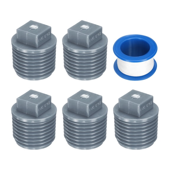 5Pack 1/2 Inch PT Male Thread Pipe Fitting Plug, Cleanout Plugs, Water Drain End Caps Coupling Adapter with Tape for Water Heater Supply Lines, Plumbing, Gray