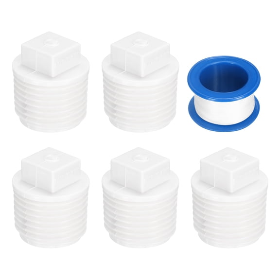 5Pack 1/2 Inch PT Male Thread Pipe Fitting Plug, Cleanout Plugs, Water Drain End Caps Coupling Adapter with Tape for Water Heater Supply Lines, Plumbing, White