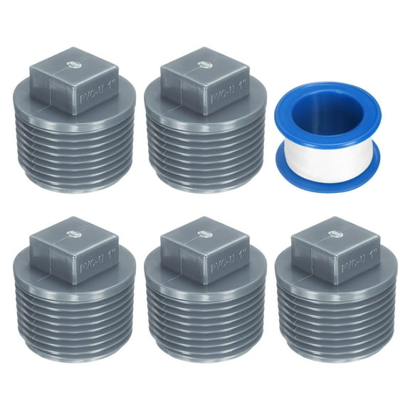 5Pack 1 Inch PT Male Thread Pipe Fitting Plug, Cleanout Plugs, Water Drain End Caps Coupling Adapter with Tape for Water Heater Supply Lines, Plumbing, Gray