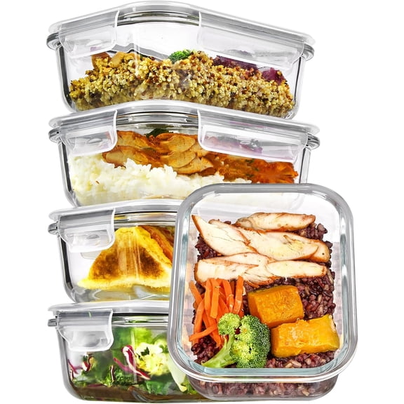 5Pack 22oz Glass Storage Containers with Lids, Glass Meal Prep Food Container Sets with Snap Airtight Lid for Microwave, Oven, Freezer and Dishwasher, Grey