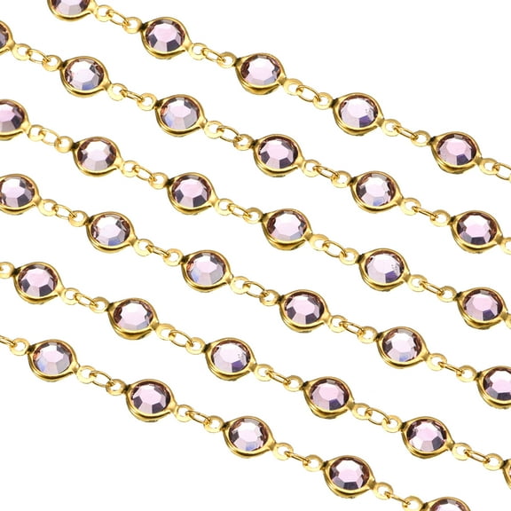 5Pack 5 Yards Rhinestone Chain, Purple Beaded Chain with Gold Plated Brass