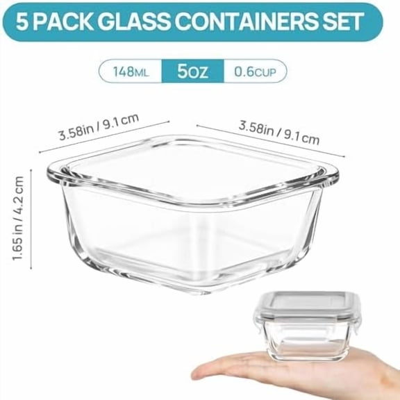 5Pack 5oz Small Glass Storage Containers with Lids, Glass Meal Prep Food and Sauce Container Sets with Snap Airtight Lids for Microwave, Oven, Freezer and Dishwasher, Grey
