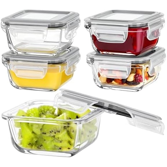 5Pack 5oz Small Glass Storage Containers with Lids, Glass Meal Prep Food and Sauce Container Sets with Snap Airtight Lids for Microwave, Oven, Freezer and Dishwasher, Grey