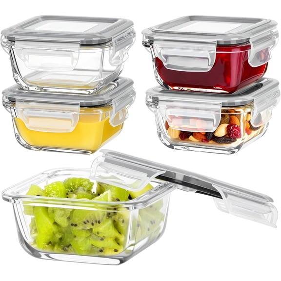 5Pack 5oz Small Glass Storage Containers with Snap Airtight Lids, Meal Prep Food and Sauce Containers, Microwave, Oven, Freezer and Dishwasher Safe, Grey