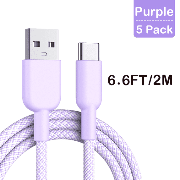 5Pack (6.6FT) Fast Charging 3A USB-C to USB-A Cable Rapid Charger Quick Cord Compatible Samsung Galaxy S10 S9 S8 Plus, Note 10 9 8, LG V50 V40 G8 G7(Purper)