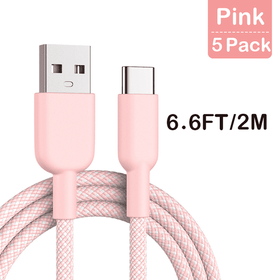 5Pack (6.6FT) Fast Charging 3A USB-C to USB-A Cable Rapid Charger Quick Cord Compatible Samsung Galaxy S10 S9 S8 Plus, Note 10 9 8, LG V50 V40 G8 G7(Pink)