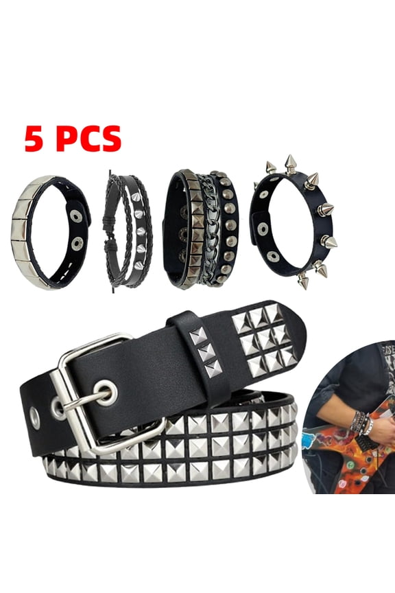 5Pack Black Studded Belt, Studded Bracelet Goth Rivet Punk Rock Cuff Bracelets Y2K Belt Emo Spike Cuff Bracelet Grunge Accessories for Women Men
