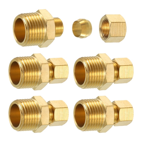 5Pack Brass Pipe Fitting, 5/16" OD x 1/2" NPT Male Brass Compression Tube Fitting, Brass Compression Union Connector, Brass Straight Coupling Adapter Fitting Fit 5/16" Pipe