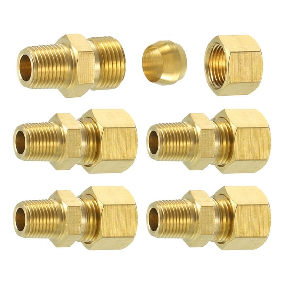 5Pack Brass Pipe Fitting, 5/16" OD x 1/8" NPT Male Brass Compression Tube Fitting, Brass Compression Union Connector, Brass Straight Coupling Adapter Fitting Fit 5/16" Pipe