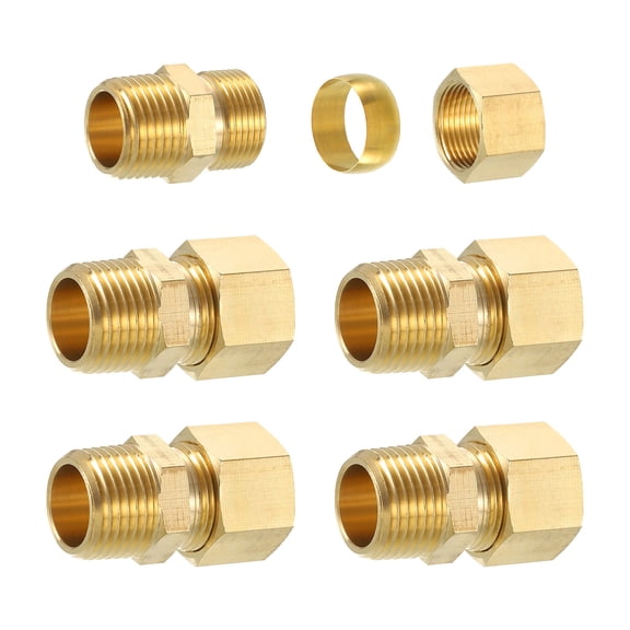 5Pack Brass Pipe Fitting, 5/8" OD x 1/2" NPT Male Brass Compression Tube Fitting, Brass Compression Union Connector, Brass Straight Coupling Adapter Fitting Fit 5/8" Pipe