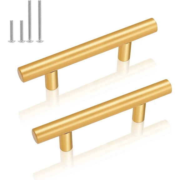 5Pack Brushed Brass Kitchen Cabinet Hardware Handles 2 1/2" Hole Centers Stainless Steel Gold T Bar Euro Style Cupboard Door Drawer Pulls and Knobs