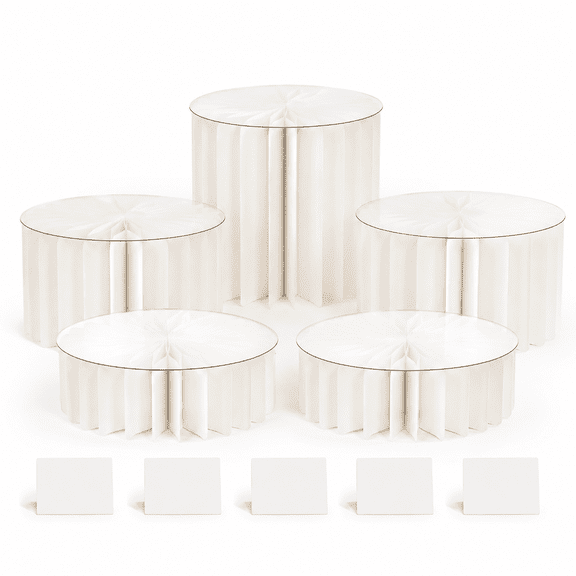5Pack Buffet Risers Display Stands Foldable Food Risers for Buffet Table Tall Cake Cupcake Stands Cardboard Cylinder Stand Dessert Table Display Set for Catering Jewelry Wedding Party Decor (White)