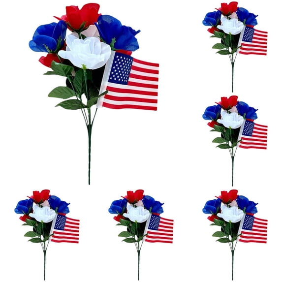 5Pack Cemetery Flowers for Grave,Red Blue White Lilac Patriotic Silk with American Flag,Artificial Flowers for Cemetery,Memorial Day Flowers for Veterans Day 4th of July Independence Day Garden Decor