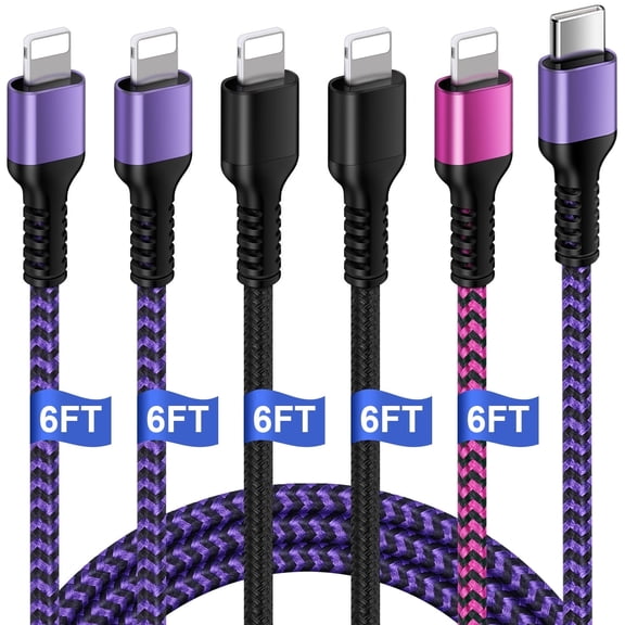5Pack Fast Charger Cable Cord Compatible for iPhone,GAEF Fast Charging Cable 6ft Type-C Power Delivery Charging Cord,Nylon Braided Charging Cord,Fast Charger Charging Cord 6ft Compatible for iPhone