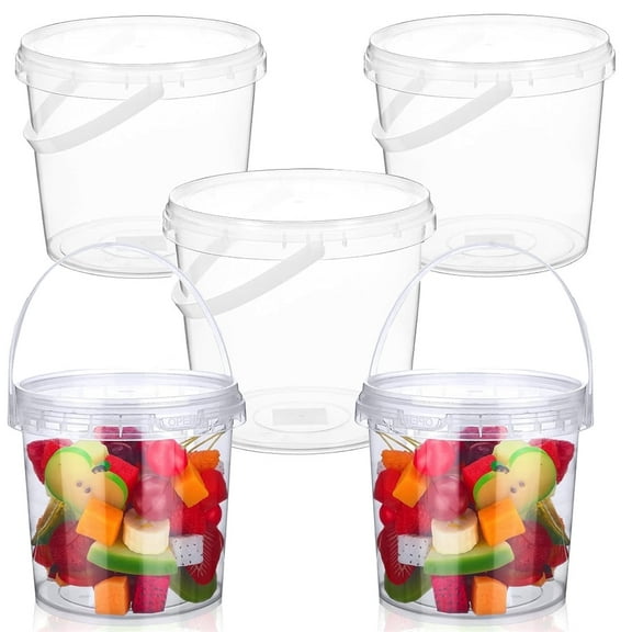 5Pack Clear Plastic Bucket with Lid and Handle,32oz Ice Cream Tub with Lids,Round Plastic Container with Lid, Freezer Food Storage Containers,Clear Storage Bucket for Kitchen Food Prep Storing