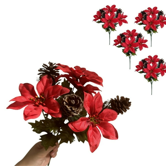 5Pack Fake Red Poinsettia Flowers,QZS Reusable Faux Poinsettia with Pinecones,Portable Artificial Flowers for Christmas,House Decor
